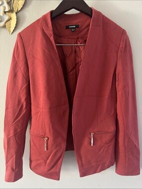 Premise Womens Brick-Red Open Front Blazer with Zip Pockets